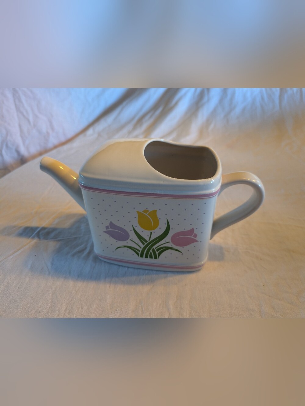 2/40$ Vintage White Ceramic Watering Can with Pastel Tulip Motif